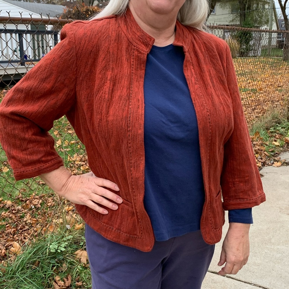 Coldwater Creek Rust Red Open Cardigan Jacquard Jacket Blazer 16